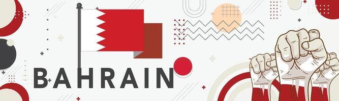 banner del día nacional de bahrein con fondo de tema de colores de bandera de bahrein y diseño geométrico abstracto retro moderno rojo blanco. puños levantados de los partidarios de los patriotas. ilustración vectorial de triángulos vector