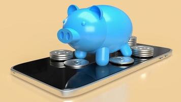 The blue piggy bank on mobile phone for applications or internet banking concept 3d rendering photo