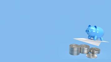 The blue piggy bank on paper plane and coins for earn or save concept 3d rendering photo