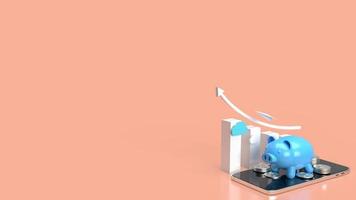 The blue piggy bank on mobile phone and business chart for applications or internet banking concept 3d rendering photo