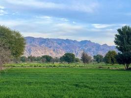 Beautiful Rural landscape with beautiful gradient evening sky at sunset. Green field and village photo