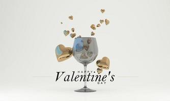 Wallpaper in the concept of the month of love and Valentine's Day. Include heart shapes and balloons for wedding cards or advertisements. On a white background with a glass of wine. 3D rendering. photo