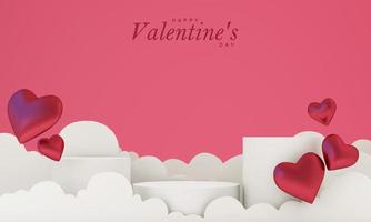 fondo de pantalla en el concepto del mes del amor y el día de san valentín. incluye formas de corazón, globos y nubes para tarjetas de boda o anuncios. sobre un fondo rosa. representación 3d foto
