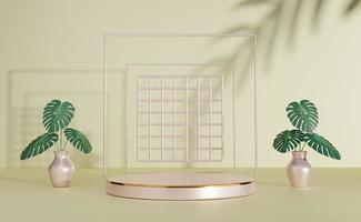 Rose color podium with geometric shapes empty in beige composition for modern stage display ,abstract showcase background ,Concept 3d illustration or 3d rendering photo