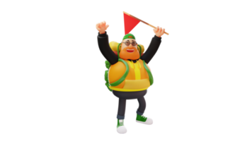 ilustración 3d ágiles personajes de dibujos animados en 3d de hombre gordo. el hombre aventurero lleva una mochila grande. el gordo sonrió feliz mientras levantaba la mano y sostenía la bandera roja. personaje de dibujos animados en 3D png