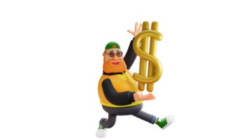 ilustración 3d personaje de dibujos animados 3d de hombre gordo feliz. el hombre gordo muestra un signo de dólar. el hombre rico es muy feliz. hombre rico y elegante sonriendo ampliamente personaje de dibujos animados en 3d png