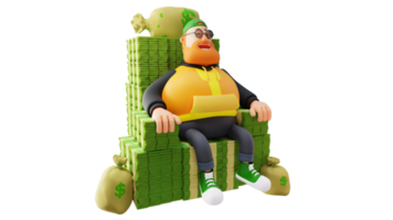 ilustración 3d personaje de dibujos animados en 3d de hombre rico y gordo. el hombre rico se sienta en una pila de mucho dinero. el gordo rico sonrió con los ojos cerrados y rodeado de un montón de dinero. personaje de dibujos animados en 3d png