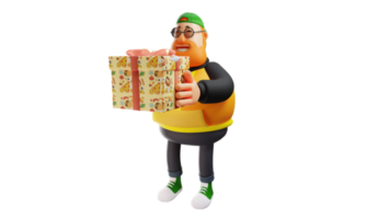 3D Illustration. Romantic Fat Man 3D cartoon character. Romantic stylish man. The romantic fat man smiled happily carrying a gift box. 3D cartoon character png