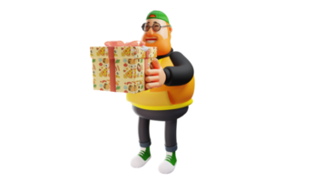 ilustração 3D. personagem de desenho animado 3d de homem gordo romântico. homem elegante romântico. o gordo romântico sorriu alegremente carregando uma caixa de presente. personagem de desenho animado 3D png