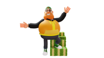 ilustración 3d personaje de dibujos animados en 3d de hombre rico y gordo. hombre rico sentado de pie sobre un montón de dinero. el hombre rico sonrió felizmente mientras estiraba sus manos. personaje de dibujos animados en 3D png