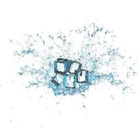3d ice cubes with water splash transparent, clear blue water scattered around isolated on white background. 3d render illustration photo