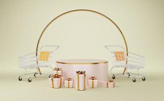 Rose color podium empty and gift box with geometric shapes and shopping cart in beige composition for modern stage display ,abstract showcase background ,Concept 3d illustration or 3d rendering photo
