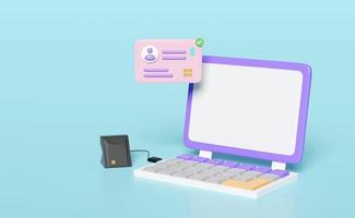 3d purple laptop computer with  smart card reader, external USB card reader, Id card, WiFi icon isolated on blue background. 3d render illustration, clipping path photo