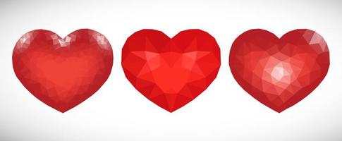 Set of three Red Low Poly Hearts on white background. Symbol of Love. Vector illustration