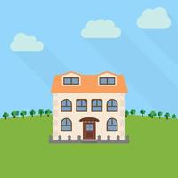 Lone two-storey house in a field with an green tree. Vector illustration.