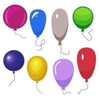 Set of eight colorful balloons with a string isolated on white background. Vector illustration