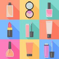 Set of nine makeup items in flat style with shadow. Vector illustration.