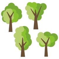 Set of four different cartoon green trees isolated on white background. Vector illustration