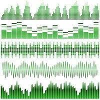 Vector set of green sound waves. Audio equalizer. Sound and audio waves isolated on white background.