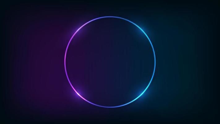 Neon round frame with shining effects on dark background. Empty glowing techno backdrop. Vector illustration.