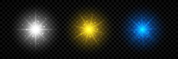 Light effect of lens flares. Set of three white, yellow and blue glowing lights starburst effects with sparkles vector