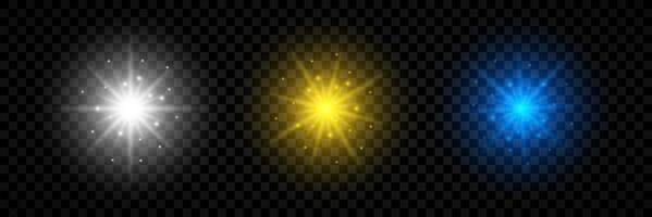 Light effect of lens flares. Set of three white, yellow and blue glowing lights starburst effects with sparkles vector