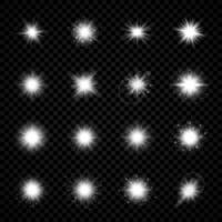 Light effect of lens flares. Set of sixteen white glowing lights starburst effects with sparkles vector