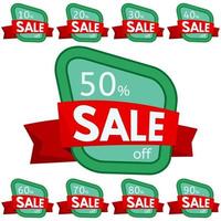 Set of discount stickers.Green badges with red ribbon for sale 10 - 90 percent off. Vector illustration.