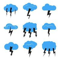 Set of nine clouds with a thunderstorm. Vector illustration.