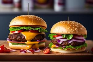 vista frontal sabrosa hamburguesa de carne con queso y ensalada foto