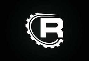 Initial R alphabet with a gear. Gear engineer logo design. Logo for automotive, mechanical, technology, setting, repair business, and company identity vector