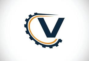 alfabeto v inicial con un engranaje. diseño del logotipo del ingeniero de engranajes. logotipo para automoción, mecánica, tecnología, configuración, negocios de reparación e identidad de la empresa vector