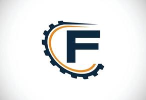 alfabeto f inicial con un engranaje. diseño del logotipo del ingeniero de engranajes. logotipo para automoción, mecánica, tecnología, configuración, negocios de reparación e identidad de la empresa vector