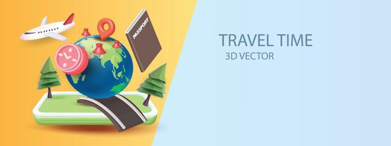 Travel time business concept 3d illustration, Airplane flying over the map pin summer season vlog