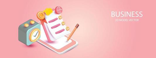 3d alarm clock icon for succress and clipboard with checklist and pencil on pink background ,time watch minimal for manage concept of time vector