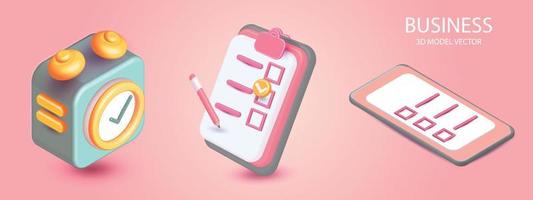 3d alarm clock icon for succress and clipboard with checklist and pencil on pink background ,time watch minimal for manage concept of time vector