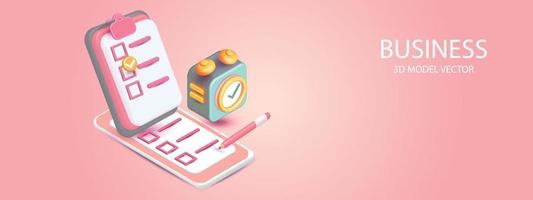 3d alarm clock icon for succress and clipboard with checklist and pencil on pink background ,time watch minimal for manage concept of time vector