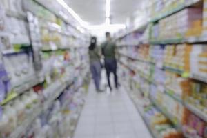 Abstract blurred of isle interior in a market, with bokeh light background. photo