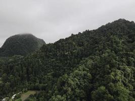 Aerial view of foggy forest landscape in Indonesia at sunrise. photo