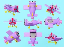 3d airplane propeller cartoon set isolated on blue background. collection concept, 3d render illustration, clipping path photo
