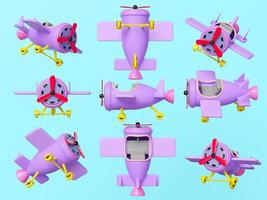 3d airplane propeller cartoon set isolated on blue background. collection concept, 3d render illustration, clipping path photo