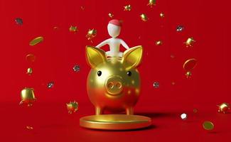 Stick man riding a piggy bank and coins and diamond in red composition background ,Concept 3d illustration or 3d rendering photo