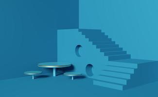 escalera con podio en composición azul para exhibición de escenario moderno y maqueta minimalista, fondo de escaparate abstracto, ilustración conceptual 3d o representación 3d foto