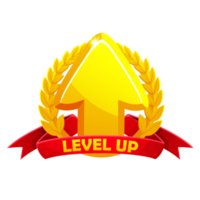 Level-Up-Symbol mit rotem Preisband und Lorbeer. level up zeichen symbol für spiel png