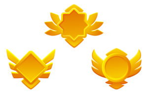 Golden game rank icons isolated. Game badges buttons in different frame with wings png