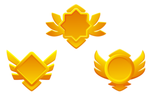 Golden game rank icons isolated. Game badges buttons in different frame with wings png