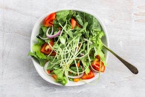 girasol alimentos saludables ensalada de brotes de girasol tiene lechuga tomate vegetal en un tazón sobre fondo de madera blanca. foto