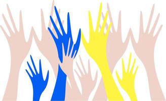 Human palms are raised up. Hands with fair skin and hands of yellow and blue colors. Themes of nationality and volunteerism. Help and choices. vector