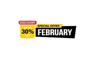 Oferta de descuento del 30 por ciento de febrero, liquidación, diseño de banner de promoción con estilo de etiqueta. vector