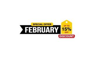 Oferta de descuento del 15 por ciento de febrero, liquidación, diseño de banner de promoción con estilo de etiqueta. vector